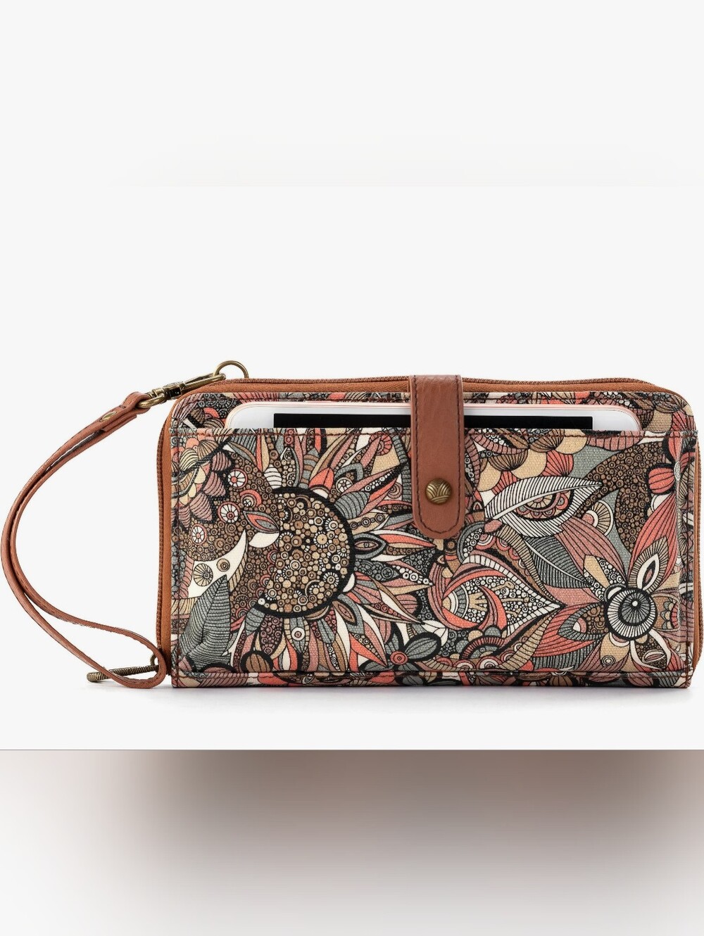 Sakroots Floral Zip Wristlet in Pink Tan Black